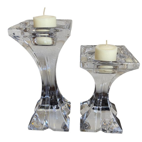 2 Pillar Clear Glass 24% Crystal Lead Candle Holders Slovenia 9" & 6" Tall - Picture 7 of 16